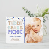 Teddybeer picknick jongen verjaardag uitnodiging b (Staand voorkant)