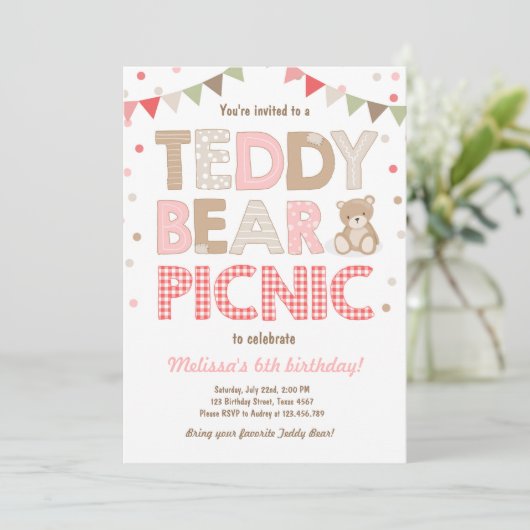 Teddybeer picknick meisje verjaardag uitnodiging r (Staand voorkant)