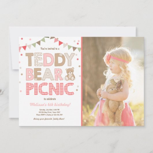 Teddybeer picknick meisje verjaardag uitnodiging r (Voorkant)
