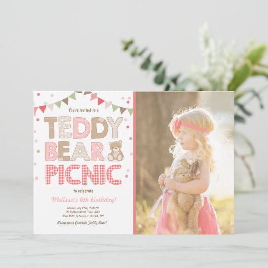 Teddybeer picknick meisje verjaardag uitnodiging r (Staand voorkant)