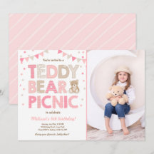 Teddybeer picknick meisje verjaardag uitnodiging r