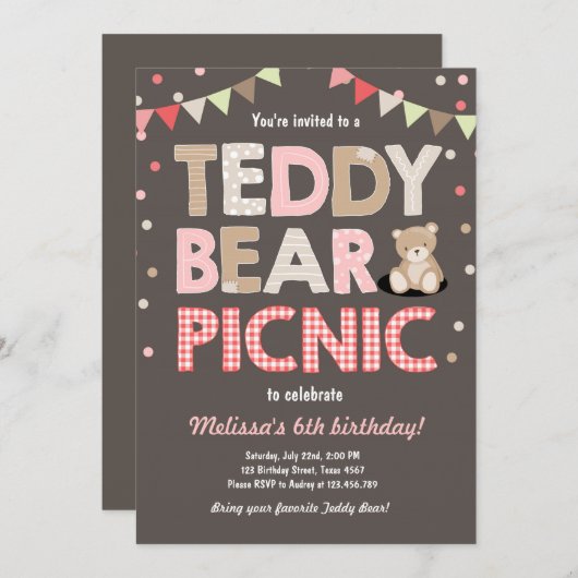Teddybeer picknick meisje verjaardag uitnodiging r (Voorkant / Achterkant)