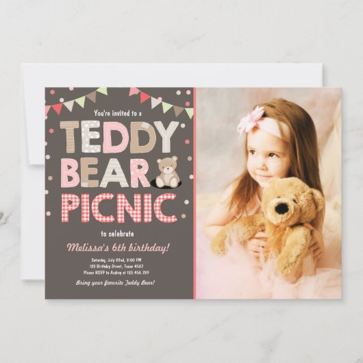 Teddybeer picknick meisje verjaardag uitnodiging r (Voorkant)
