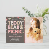 Teddybeer picknick meisje verjaardag uitnodiging r (Staand voorkant)