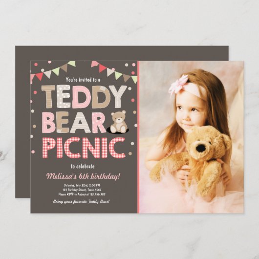 Teddybeer picknick meisje verjaardag uitnodiging r (Voorkant / Achterkant)