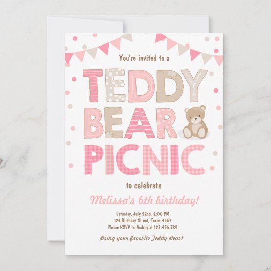 Teddybeer picknick meisje verjaardag uitnodiging r (Voorkant)