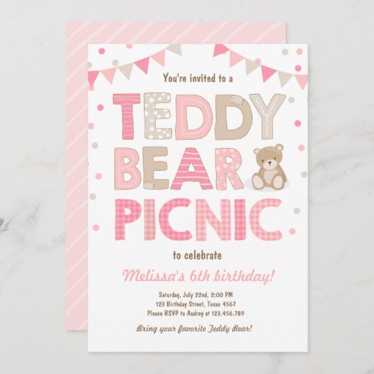 Teddybeer picknick meisje verjaardag uitnodiging r (Voorkant / Achterkant)