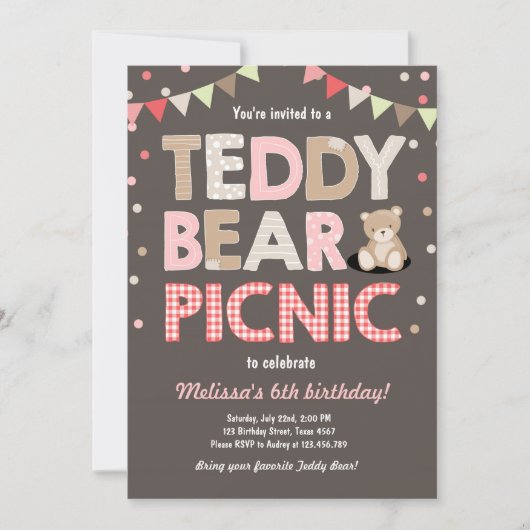 Teddybeer picknick meisje verjaardag uitnodiging r (Voorkant)