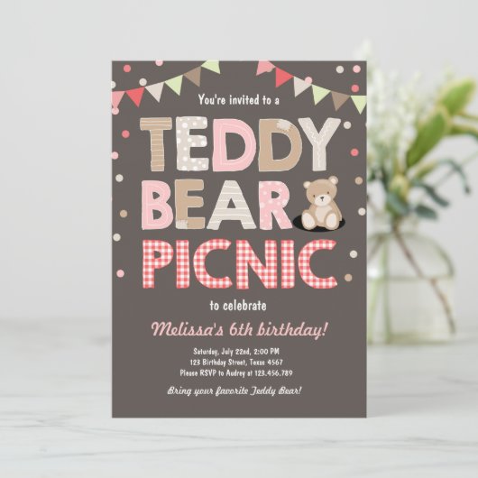 Teddybeer picknick meisje verjaardag uitnodiging r (Staand voorkant)