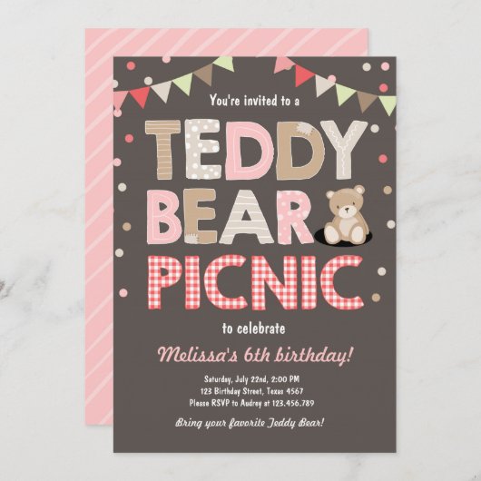 Teddybeer picknick meisje verjaardag uitnodiging r (Voorkant / Achterkant)