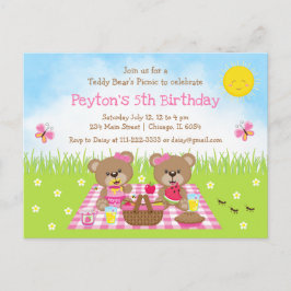 Teddybeer Picknick Roze Gingham Verjaardag Briefkaart