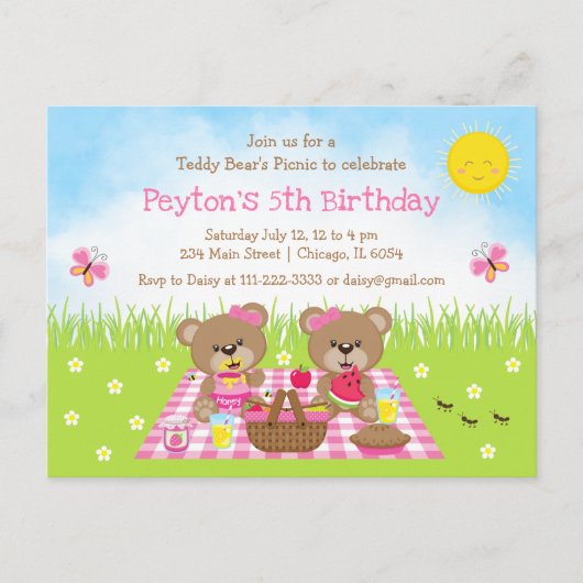 Teddybeer Picknick Roze Gingham Verjaardag Briefkaart (Voorkant)