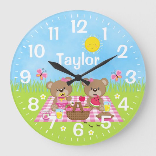 Teddybeer Picknick Roze Grote Klok (Voorkant)