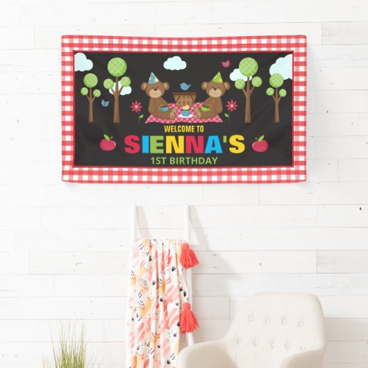 Teddybeer picknick verjaardagsfeestje achtergrond spandoek (Insitu)