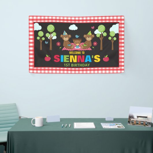 Teddybeer picknick verjaardagsfeestje achtergrond spandoek (Beurs)