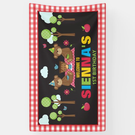 Teddybeer picknick verjaardagsfeestje achtergrond spandoek (Verticaal)