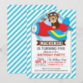 Teddybeer piloot in rode Speelgoed vliegtuig; blau Kaart (Voorkant / Achterkant)