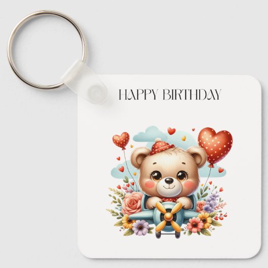 Teddybeer Piloot Verjaardag Sleutelhanger (Voorkant)