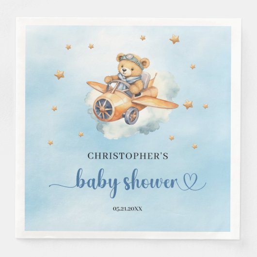 Teddybeer pilotenjongen baby shower servet (Voorkant)