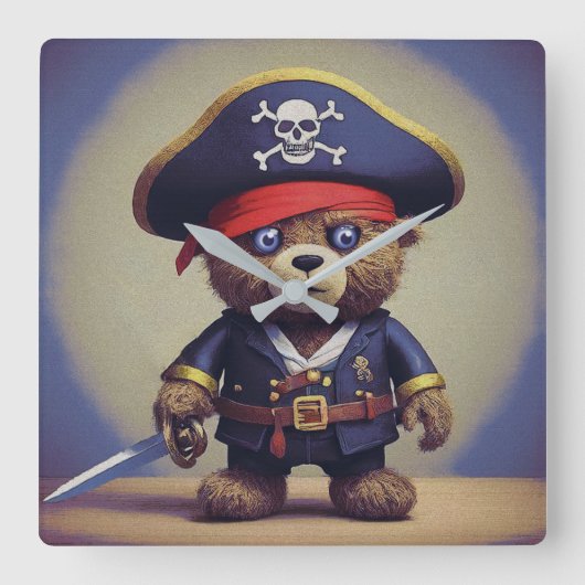 teddybeer piraat vierkante klok (Voorkant)