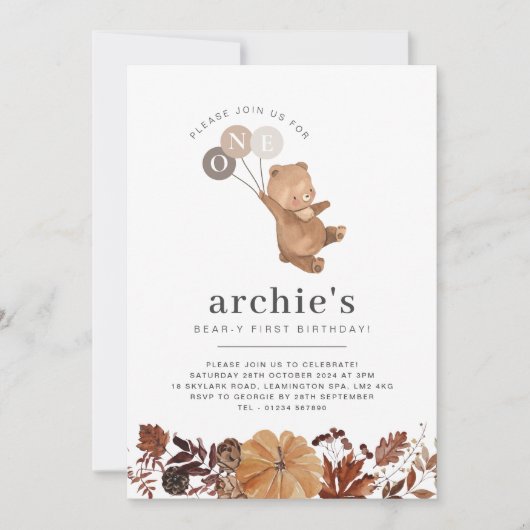 Teddybeer pompoen - 1e verjaardag foto uitnodiging (Voorkant)