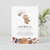 Teddybeer pompoen - 1e verjaardag foto uitnodiging (Staand voorkant)