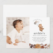 Teddybeer pompoen - 1e verjaardag foto uitnodiging (Voorkant / Achterkant)