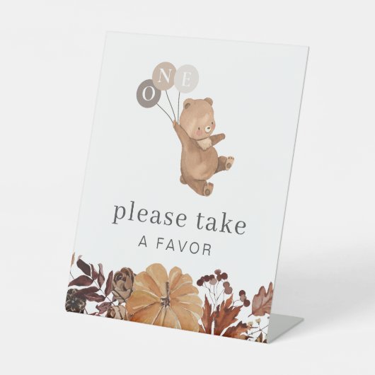 Teddybeer pompoen - 1e verjaardag - gunst teken reclamebord met voetstuk (Voorkant)