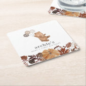 Teddybeer pompoen - 1e verjaardag kartonnen onderzetters (Schuin)