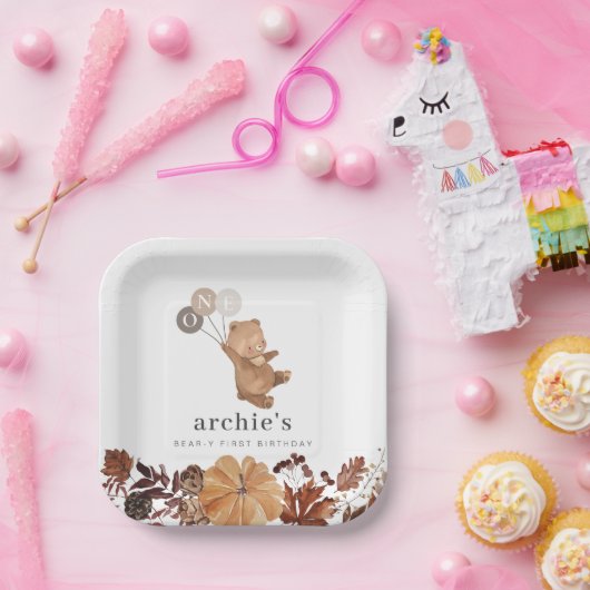 Teddybeer pompoen - 1e verjaardag papieren bordje (Feest)