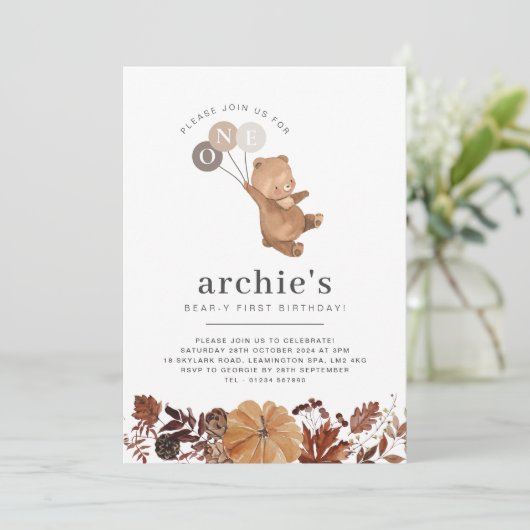 Teddybeer pompoen - 1e verjaardag uitnodiging (Staand voorkant)
