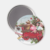 Teddybeer, poppen en wagen Vintage Kerstmis Magneet (Voorkant / Achterkant)