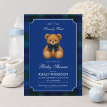 Teddybeer Preppy Blauwe Geruite Jongens Baby Showe