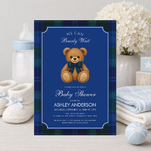 Teddybeer Preppy Blauwe Geruite Jongens Baby Showe Kaart