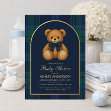 Teddybeer Preppy Jongen Baby Shower Blauwe Geruite