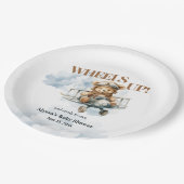 Teddybeer rijdt kleine copiloot omhoog papieren bordje (Gekanteld)