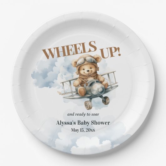 Teddybeer rijdt kleine copiloot omhoog papieren bordje (Voorkant)