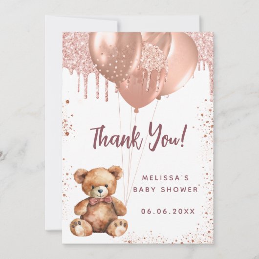 Teddybeer roos gouden Baby shower dank u kaart (Voorkant)