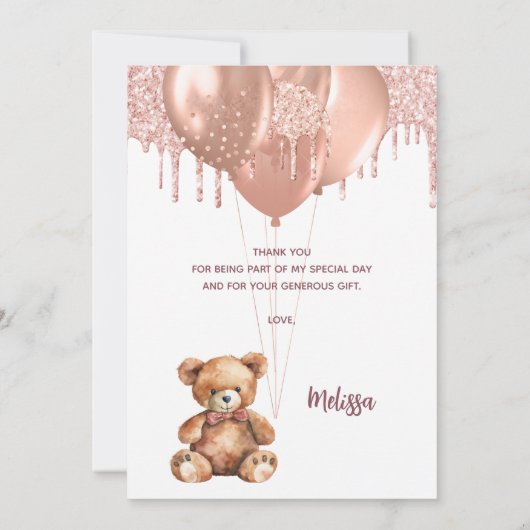 Teddybeer roos gouden Baby shower dank u kaart (Achterkant)