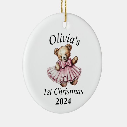  teddybeer roze 1e kerst gepersonaliseerd keramisch ornament (Rechts)