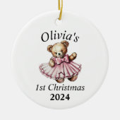  teddybeer roze 1e kerst gepersonaliseerd keramisch ornament (Voorkant)