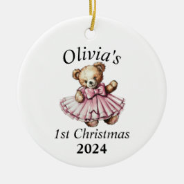 teddybeer roze 1e kerst gepersonaliseerd keramisch ornament