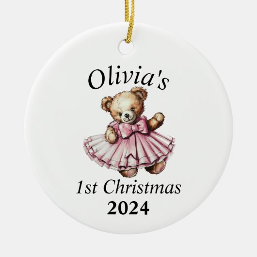  teddybeer roze 1e kerst gepersonaliseerd keramisch ornament (Voorkant)