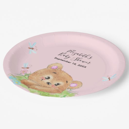 Teddybeer roze baby meisje douche cadeau papieren bordje (Gekanteld)