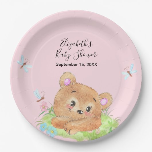 Teddybeer roze baby meisje douche cadeau papieren bordje (Voorkant)