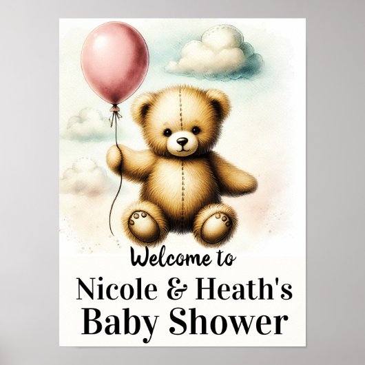 Teddybeer Roze Ballon Baby Shower Bord Poster (Voorkant)
