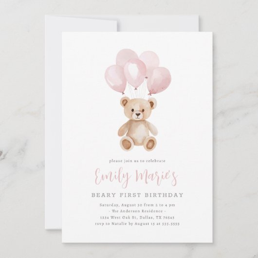 Teddybeer roze ballon Beary eerste verjaardag Kaart (Voorkant)