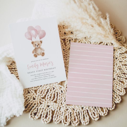 Teddybeer roze ballon Beary eerste verjaardag Kaart