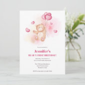 Teddybeer roze ballonnen 1e verjaardagsfeestje kaart (Staand voorkant)