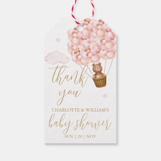 Teddybeer Roze Ballonnen Baby Shower Bedankt Cadeaulabel (Achterkant)